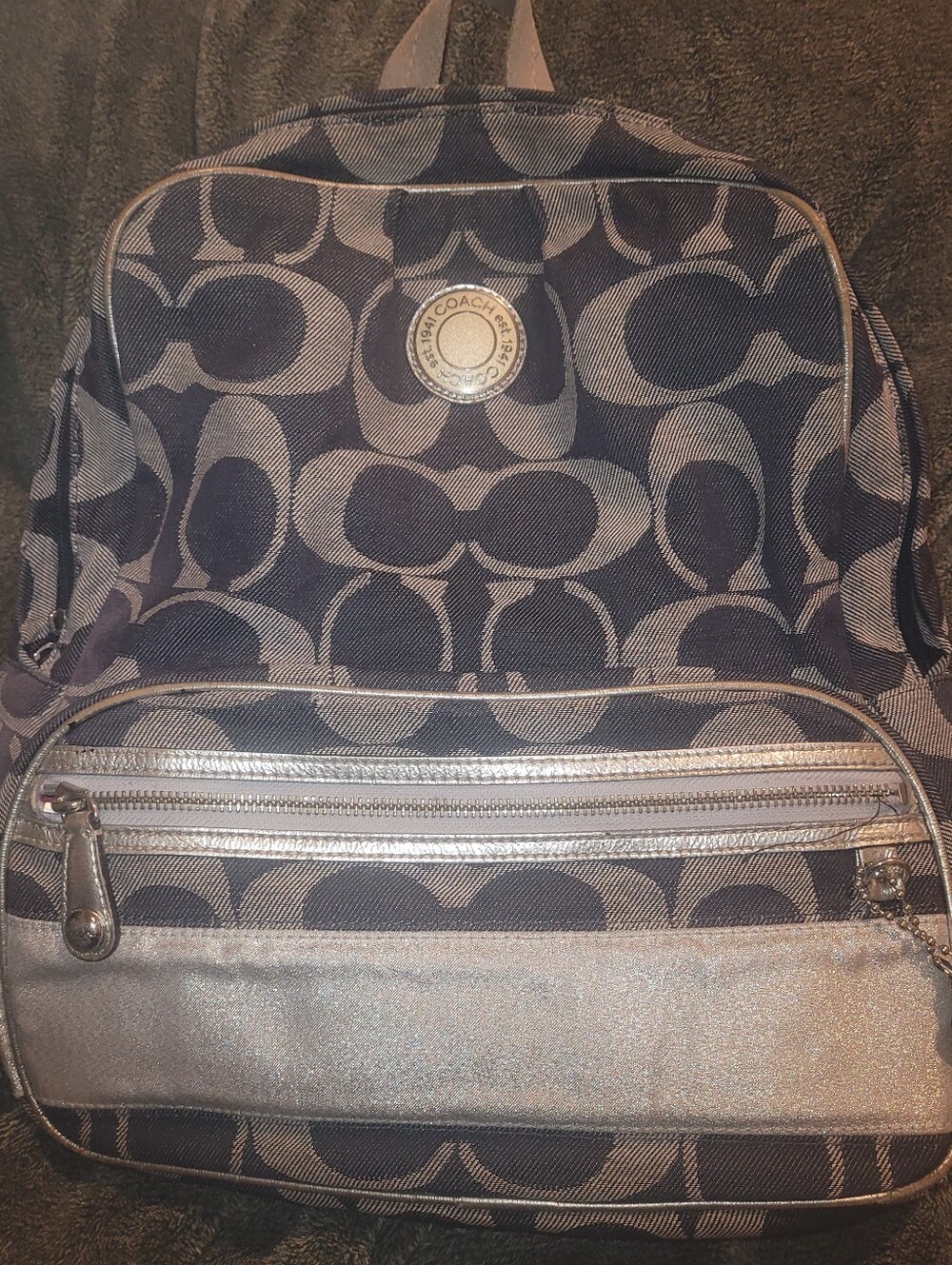 Coach Signature Black and Gray Canvas/Denim Backpack with Silver Accents